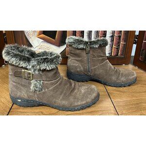 Brown Faux Suede Fur-Lined Ankle Boots Buckle Detail & Side Zipper Size 9